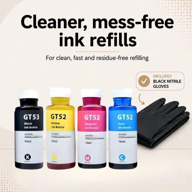 Alt view image 4 of 7 - 4-Pack Compatible Ink Bottles for HP GT52 & GT53 High-Yield Refill Ink for HP Smart Tank 500 Series, DeskJet GT 5810 & 5820 Cyan, Magenta, Yellow, Black