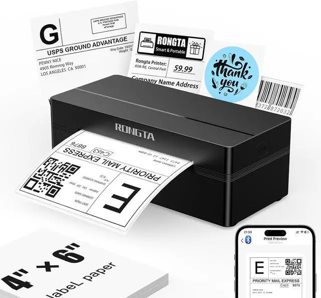 Main image of Rongta Shipping Thermal Label Printer, Bluetooth 4x6 Sticker Label Maker Wireless Shipping Label Printer for Package Small Business Compatible with Windows macOS Android iOS (Black)
