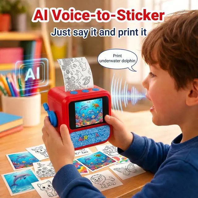 Alt view image 2 of 7 - AI Sticker Printer for Kids, Voice-to-Print Mini Thermal Printer, Inkless Portable Sticker Maker for Coloring Pages, Journals, Labels, Notes & DIY Crafts