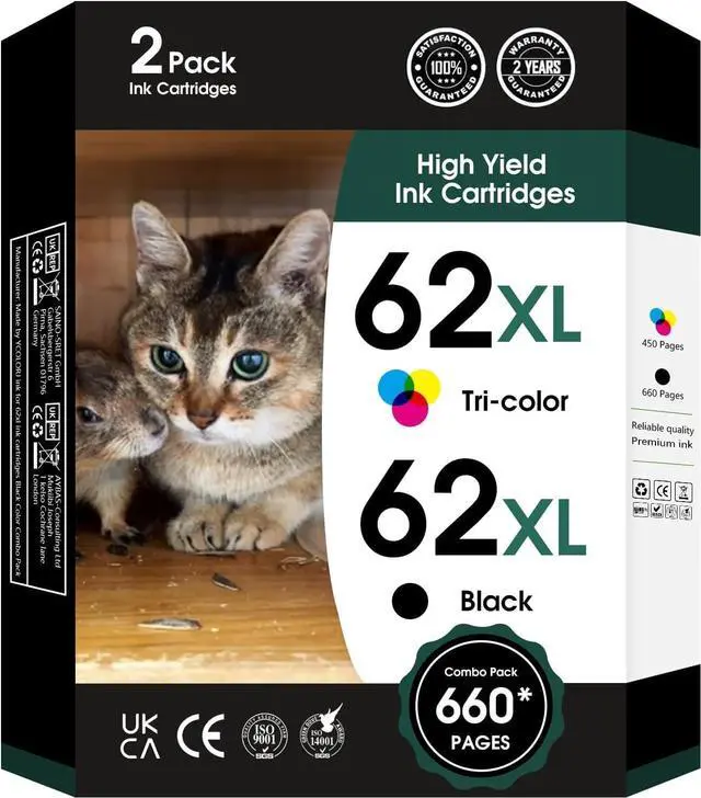 Main image of 62XL 62 XL Ink Cartridges Black and Color for 62 Ink Cartridge Combo Pack Works with Envy 7640 5660 5540 7645 5661 for OfficeJet Mobile 250 200 258 for OfficeJet 5740 5745 8040 Printer(2-Pack)