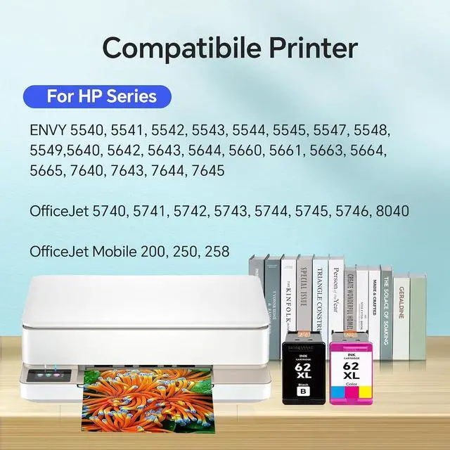 Alt view image 2 of 7 - 62XL Ink Cartridges Black and Color Replacement for HP 62 62XL Ink Cartridge Combo Pack for Envy 7640 7645 5660 5665 5642 5540 OfficeJet 8045 8040 5746 5745 250 200 Printer