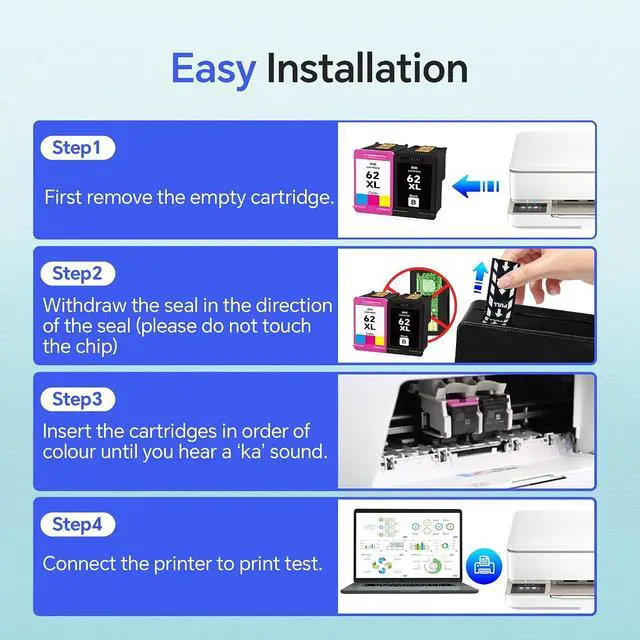 Alt view image 7 of 7 - 62XL Ink Cartridges Black and Color Replacement for HP 62 62XL Ink Cartridge Combo Pack for Envy 7640 7645 5660 5665 5642 5540 OfficeJet 8045 8040 5746 5745 250 200 Printer