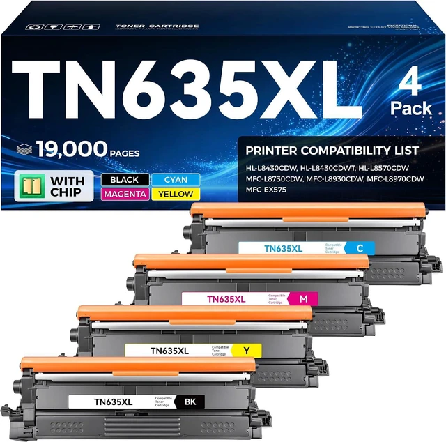 Main image of TN635XL TN635 Toner Cartridge with Chip 4-Pack High Yield Replacement Compatible with Brother HL-L8430CDW HL-L8570CDW L8430CDWT MFC-L8730CDW L8930CDW L8970CDW EX575 Printer Black Cyan Magenta Yellow