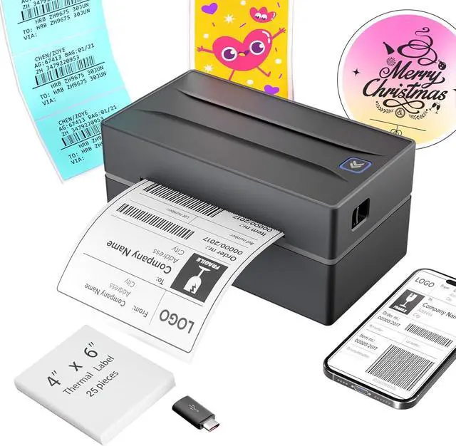 Alt view image 2 of 7 - Bluetooth Thermal Shipping Label Printer (Black) + Thermal Direct Shipping Labels (Pack of 500 Fan-Fold Labels)