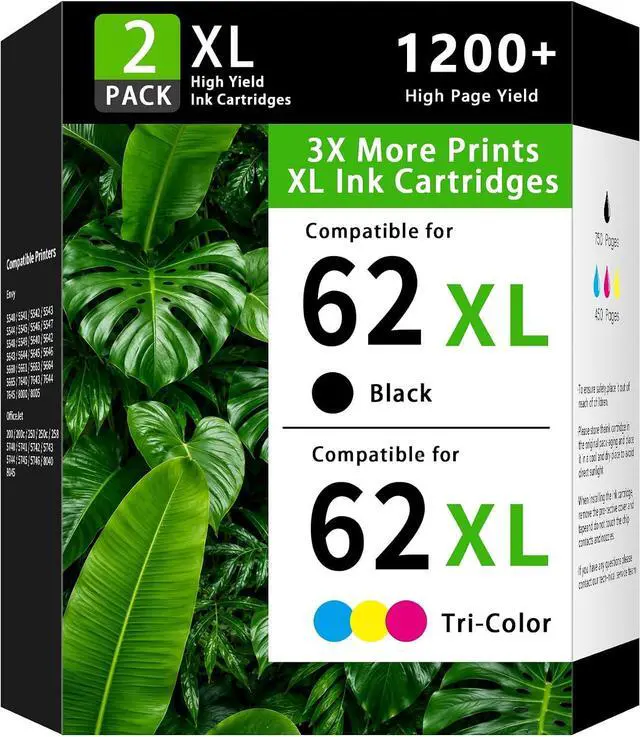 Main image of 62XL Ink Cartridges Combo Pack Replacement for HP 62/62XL Ink Compatible with HP Envy 7640 5660 7645 5540 5640 OfficeJet 5746 5740 5745 5741 8040 250 200 Printers 2 Pack (1 Black, 1 Tri-Color)