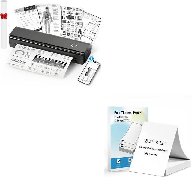 Main image of Portable Printer & 100 Sheets 8.5"x11" Fanfold Thermal Paper US Letter Size for Home, car, Office, School, etc