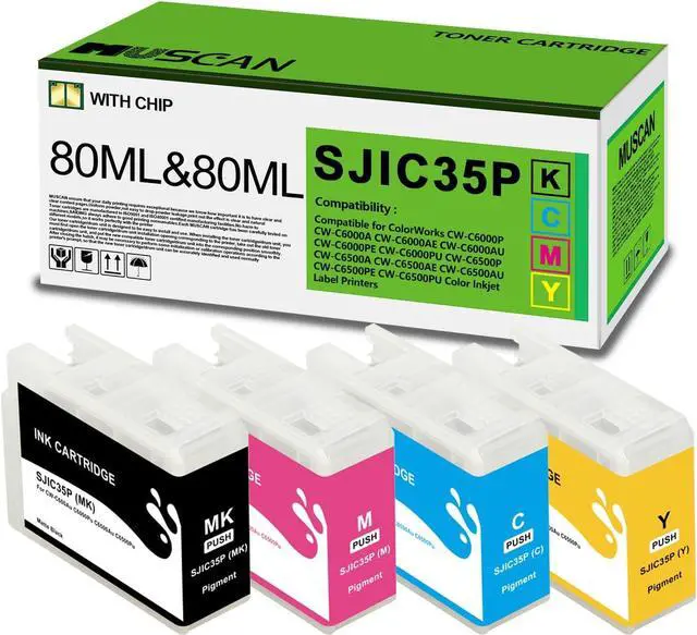 Main image of SJIC35P Ink Cartridge Remanufactured SJIC35P Ink Cartridges (with New Chip) Compatible with ColorWorks C6500AU C6500 C6000 Color Inkjet Label Printer (4-Pack MBK/C/M/Y)