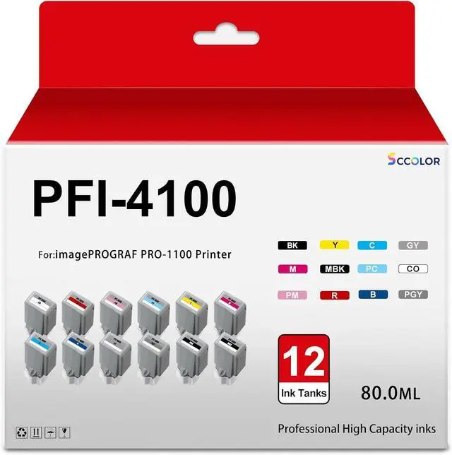 Main image of PRO1100 PFI4100 Ink Cartridges Compatible with Canon PFI-4100 Ink Cartridge Replacement for Canon imagePROGRAF PRO-1100 Printer.12 Pack MBK PBK C M Y R GY B PGY PC PM CO