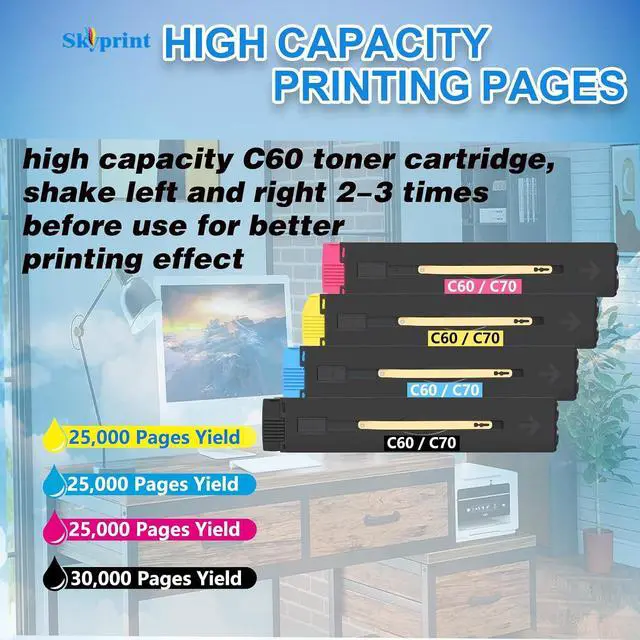 Alt view image 3 of 7 - SkyPrint C60 C70 Toner Cartridge High Yield Replacement for Xerox Color C60 C70 Toner Black Cyan Magenta Yellow Compatible for Xerox Color C60 C70 Printer 006R01655 006R01656 006R01657 006R01658
