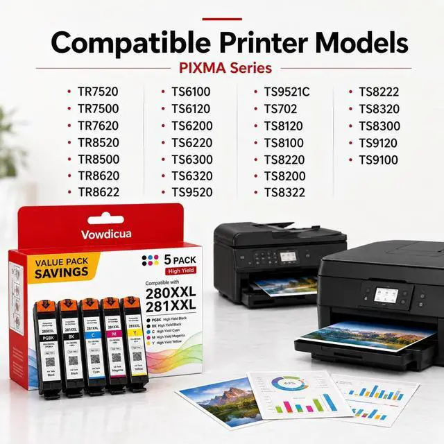Alt view image 2 of 7 - PGI-280 XXL/CLI-281 XXL Ink Cartridge 5 Color High Yield Value Pack Replacement for Canon 280 281 Ink Cartridges Compatible with PIXMA Printer TR8520 TR8620 TR7520 TR8600 TS6120 TS6220 TS9120