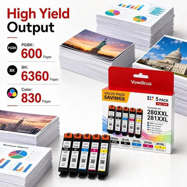 Alt view image 3 of 7 - PGI-280 XXL/CLI-281 XXL Ink Cartridge 5 Color High Yield Value Pack Replacement for Canon 280 281 Ink Cartridges Compatible with PIXMA Printer TR8520 TR8620 TR7520 TR8600 TS6120 TS6220 TS9120