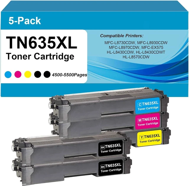 Main image of TN635XL Super High Yield Toner Cartridge Compatible for HL-L8430CDW, HL-L8430CDWT, HL-L8570CDW, MFC-L8930CDW, MFC-L8970CDW, and MFC-EX575 Printer,Black,Black,Cyan,Magenta,Yellow,5-Pack