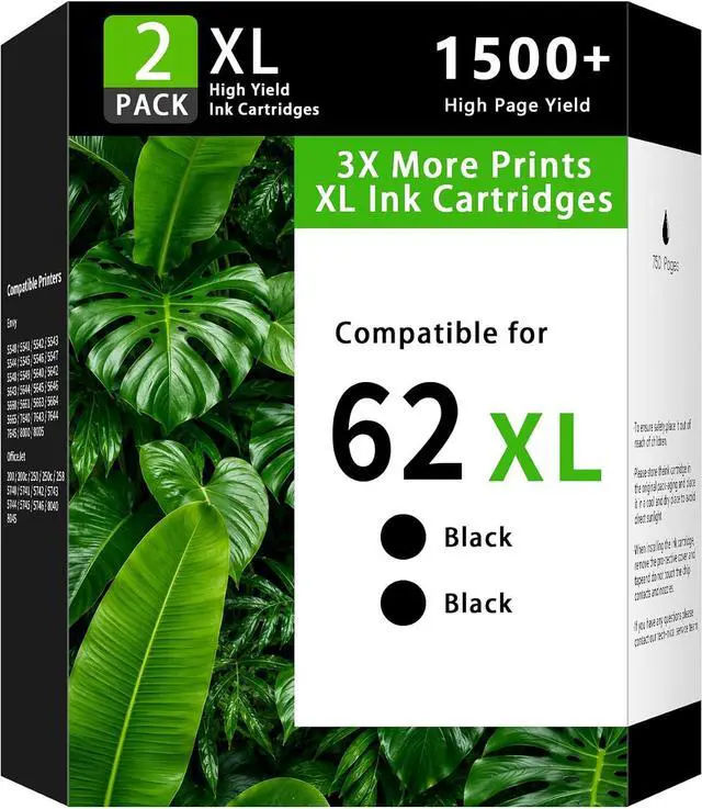 Main image of 62XL Ink Cartridges Combo Pack Replacement for HP 62/62XL Ink Compatible with HP Envy 7640 5660 7645 5540 5640 OfficeJet 5746 5740 5745 5741 8040 250 200 Printers 2 Pack (2 Black)