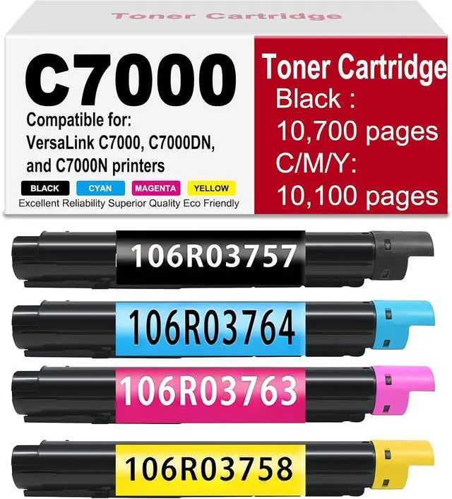 Main image of C7000 Toner Cartridge KCMY 4-Pack with Chip for VersaLink C7000 C7000DN C7000N Printer, Black Cyan Magenta Yellow (106R03757 / 106R03764 / 106R03763 / 106R03758), BK-10.7K CMY-10.1K Pages