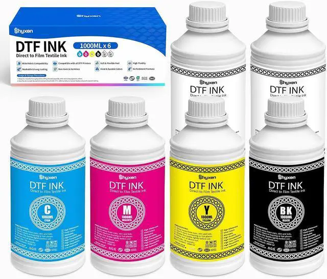 Main image of DTF Ink Premium DTF Transfer Ink 1000ML Combo Pack CMYK+2Wh High Fluidity & Coverage, Direct to Film Heat Transfer for PET Film, Refill for XP-15000 L1800 L805 R1390 R2400 I3200 XP600 DX5 DX7
