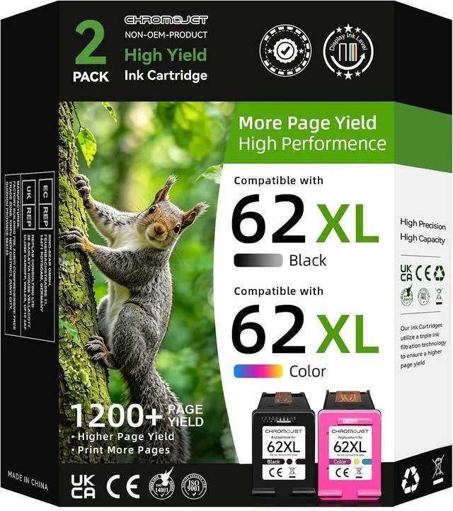 Main image of High Yield 62XL Ink Cartridges Compatible for HP 62XL Ink Cartridge Combo Pack Compatible for HP Ink 62 fit for Envy 7640 7645 5660 5540 5640 7644 OfficeJet 250 258 5740 5741 8040 200 Printer(2 Pack)