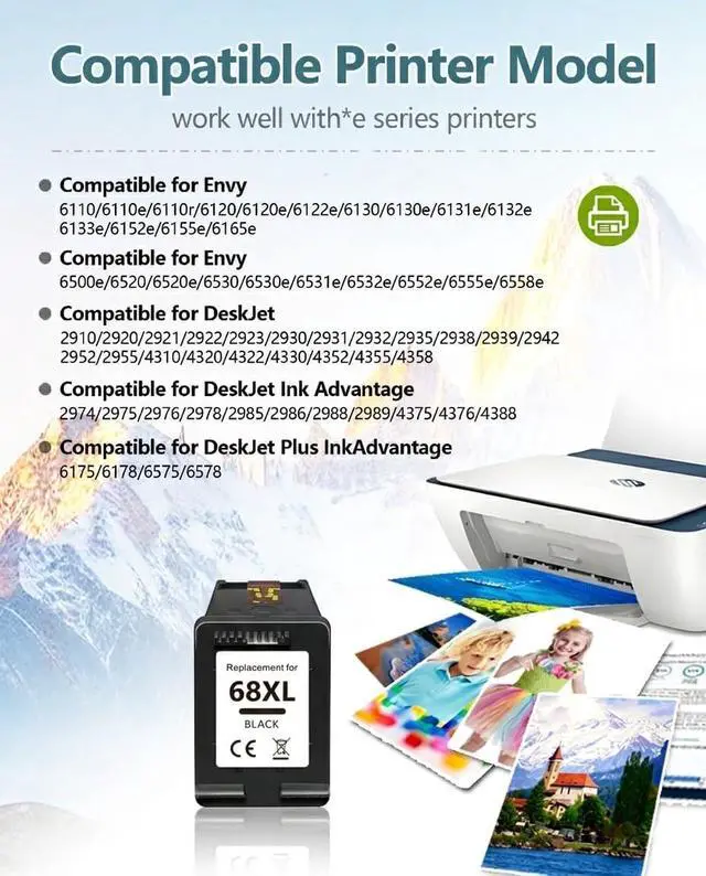 Alt view image 2 of 6 - 68XL Black Ink Cartridge Replacement for HP 68 Ink, Compatible with HP Envy 6155e 6555e 6100e 6500e 6552e 6558e 6122e Printers, High Yield (1 Black)