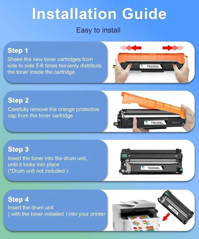 Alt view image 4 of 7 - TN229XL Toner Cartridges 4 Pack with Chip Replacement for Brother TN229 TN229XL 229XL Toner Comptiable with Brother MFC-L3780CDW HL-L3280CDW MFC-L3720CDW HL-L3220CDW HL-L3300CDW HL-L3295CDW Printer