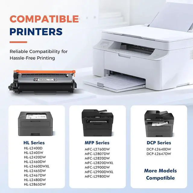 Alt view image 4 of 7 - TN830XL TN830 Toner for Brother Printer HL-L2460DW DCP-L2640DW MFC-L2820DW