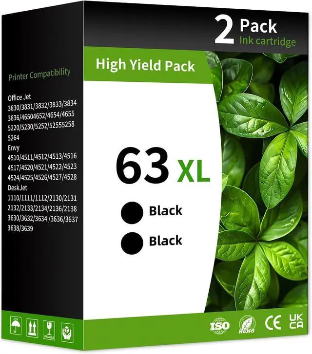 Main image of 63XL Black Ink Cartridge Combo Pack Compatible for Hp 63XL Ink Cartridges Latest Upgrade Work with HP OfficeJet 3830 4650 5255 5258 5200 Envy 4520 4512 4510 DeskJet 1112 2130 3630 3632 (2 Black)