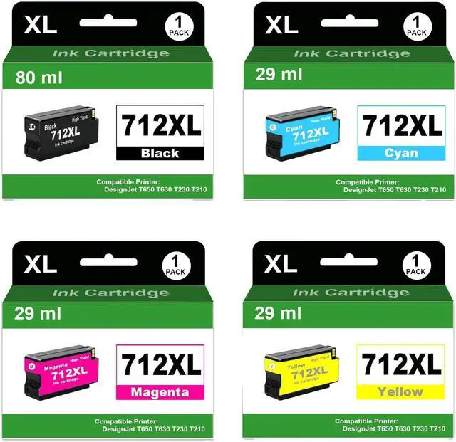 Main image of 4 Pack 712XL 712XL 712 Ink Cartridge Use for DesignJet T210 T230 T630 T650 Studio Plotter Printers (Black: 80ml, Cyan/Magenta/Yellow: 29ml)