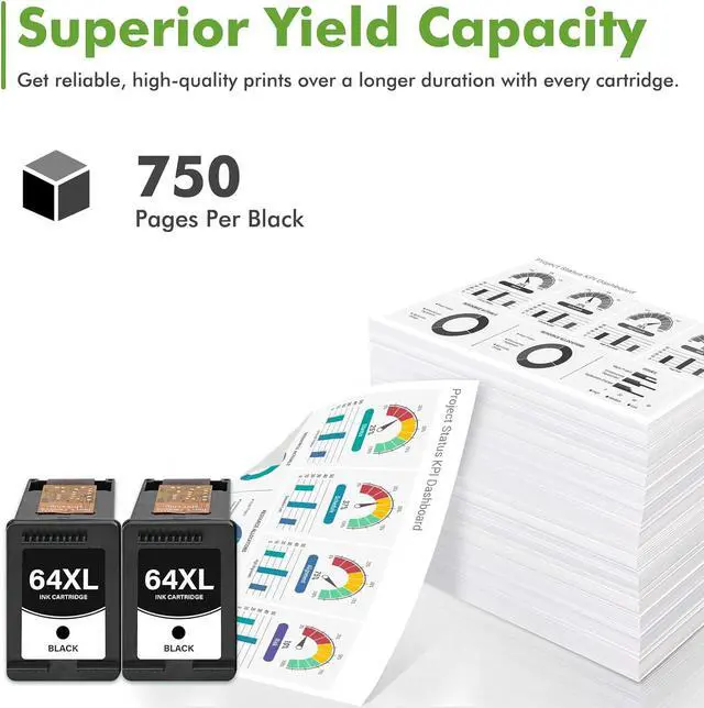 Alt view image 3 of 6 - 64 64XL Black Ink Cartridge for HP Printers Envy Photo 7855 7900e 2-Pack