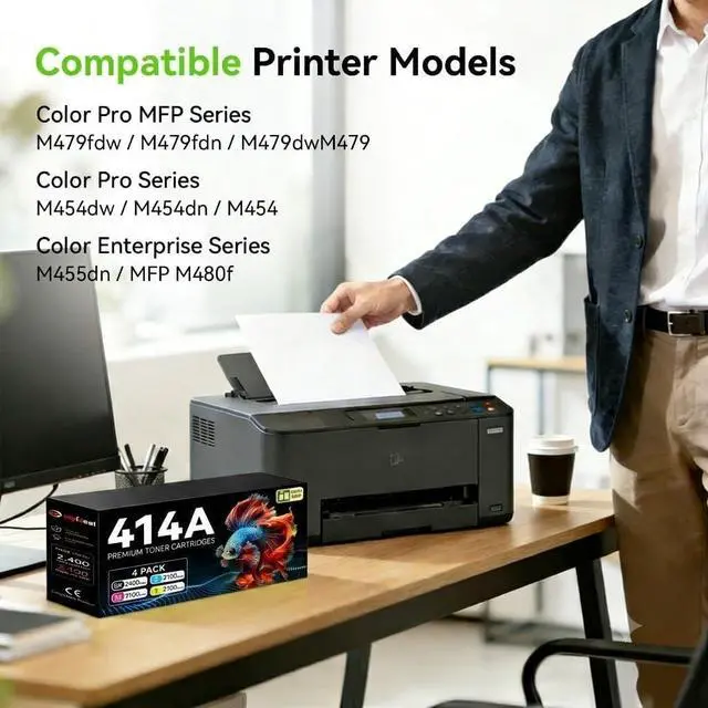 Alt view image 2 of 7 - 414A Color Toner Cartridges 4 Pack with Pre-Installed Chips, Replacement for HP 414A Toner Cartridges 4 Pack W2020A W2021A W2022A W2023A, Compatible with M479fdw M479fdn M479dw M454dw M454dn M480f