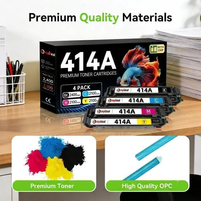 Alt view image 3 of 7 - 414A Color Toner Cartridges 4 Pack with Pre-Installed Chips, Replacement for HP 414A Toner Cartridges 4 Pack W2020A W2021A W2022A W2023A, Compatible with M479fdw M479fdn M479dw M454dw M454dn M480f