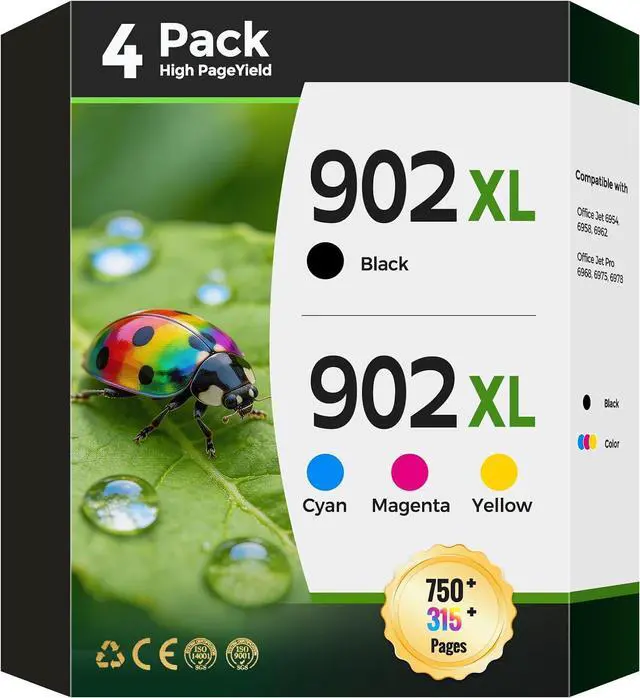 Main image of 902XL Ink Cartridges Replacement for HP 902 XL 902XL Ink Cartridges Combo Pack 4 Pack Works with Office Jet 6954 6958 6962 Office Jet Pro 6968 6975 6978 Printer Ink Black Color Cyan Magenta Yellow