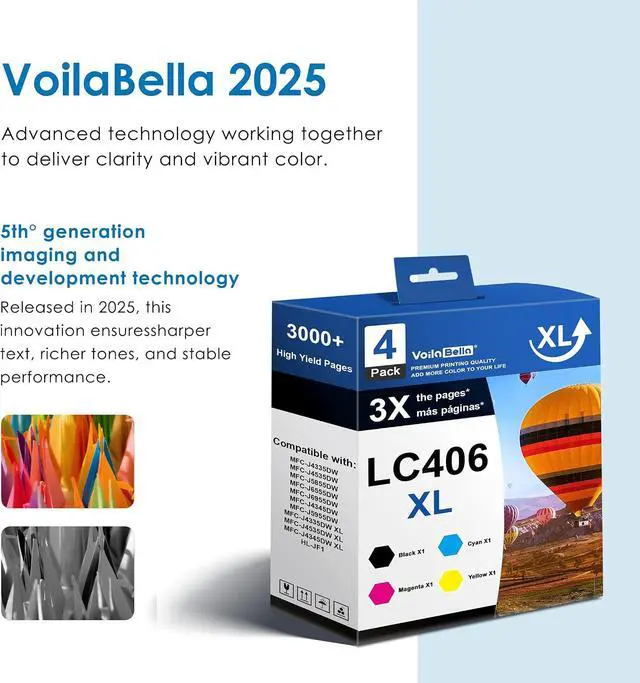 Alt view image 5 of 7 - LC406XL Ink Cartridges Set (4-Pack) High Yield Compatible for Brother LC406 LC406XL Use for Brother MFC-J4335DW MFC-J4535DW MFC-J5855DW MFC-J4345DW MFC-J4535DW XL HL-JF1 Printer (1BK 1C 1M 1Y)