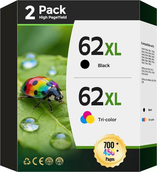 Main image of 62XL High-Yield Ink Cartridges Black and Color Compatible for HP 62 62XL Ink Cartridge Combo Pack for Envy 5540, 5640, 5660, 7640, Office Jet 5740, 8040, 200, 250 (1 Black, 1 Tri-Color, 2-Pack)