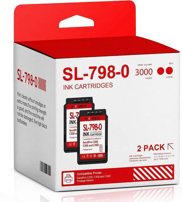 Main image of SL-798-0 Red Ink Cartridges (2-Pack, 17 ML) Compatible for Pitney Bowes SL-798-0 Fluorescent Red Ink Cartridge for Postage Meters for SendPro C200, C300 and C400 Postage Meters