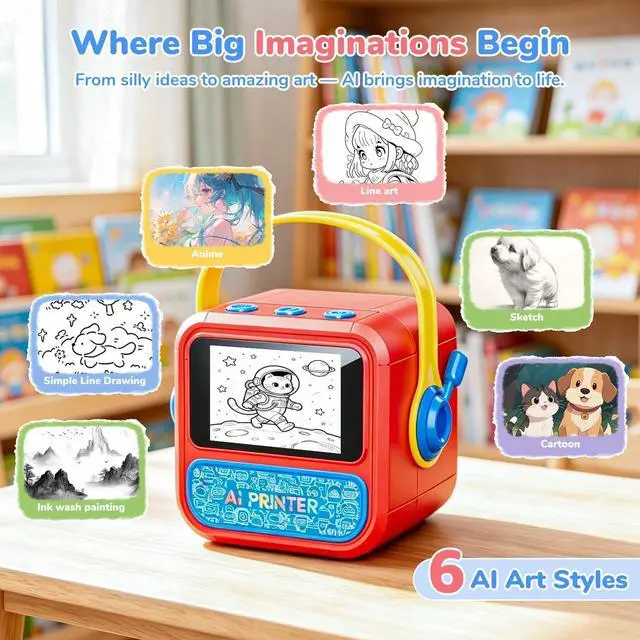 Alt view image 7 of 7 - AI Printer Smart Voice-Activated Mini Printer with App, 6 Rolls Paper, 6 AI Art Styles