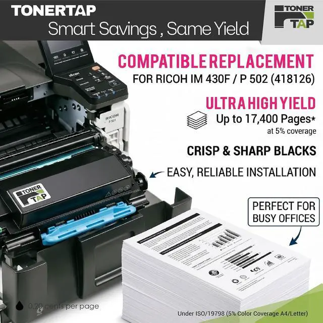 Alt view image 4 of 7 - TonerTap Compatible Toner Cartridge for Ricoh IM 430F, P 502 Printers, Replacement for Ricoh 418126 High Yield Black Toner Cartridge 17,400 Pages - Ricoh IM 430F P502 with Chip