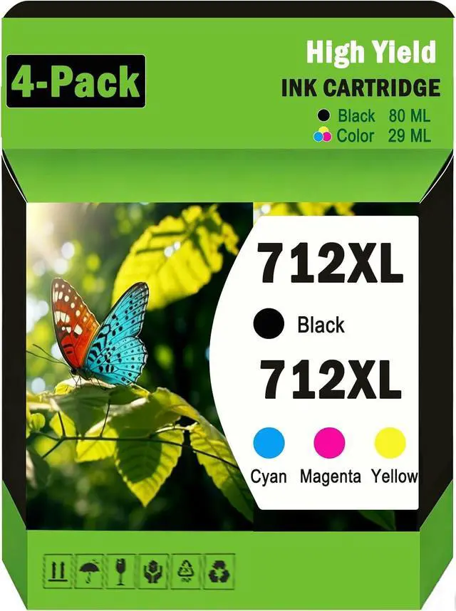 Main image of 712XL Ink Cartridges High Yield Replacement for DesignJet T650 T630 T230 T210 Studio Plotter Printer (4 Pack 80ml Black 29ml Cyan Magenta Yellow