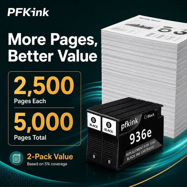 Alt view image 3 of 7 - 936XL 936e Black Ink Cartridges Combo Pack with Chip, Replacement for HP 936 936e Ink, Work with OfficeJet Pro 9135e 9128e 9730e 9120 9110b 9122e 9130b Printers (2Black)