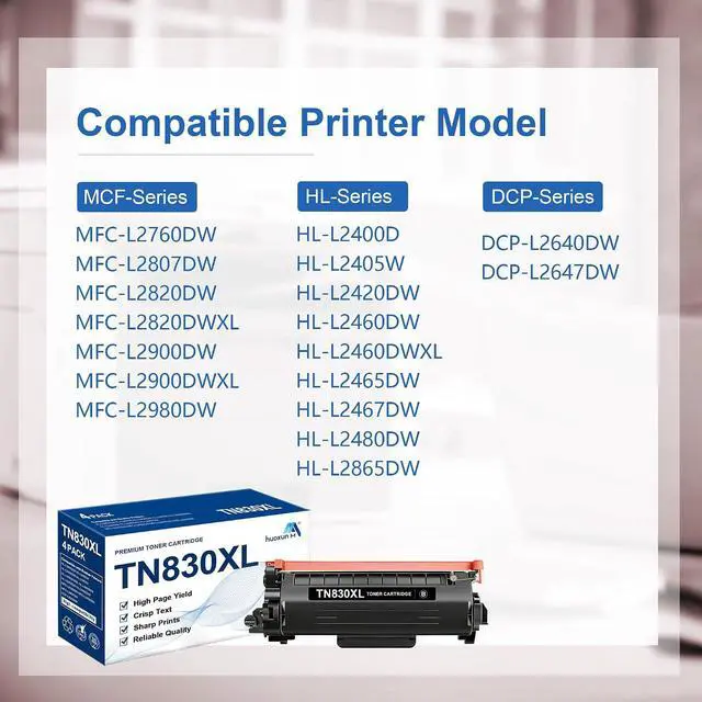 Alt view image 2 of 7 - TN830XL Toner Cartridge High Yield Replacement for Brother TN 830XL TN830 TN830 XL Toner Compatible with HL-L2460DW DCP-L2640DW HL-L2480DW HL-L2400D HL-L2405W MFC-L2820DW Printer (4 Black)