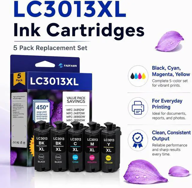 Alt view image 2 of 7 - LC3013XL LC3013 Ink Cartridges BK/C/M/Y High Yield (5-Pack) - Replacement for Brother Ink Cartridges LC3013 LC3011 XL Work with MFC-J497DW MFC-J491DW MFC-J895DW MFC-J690DW Printer