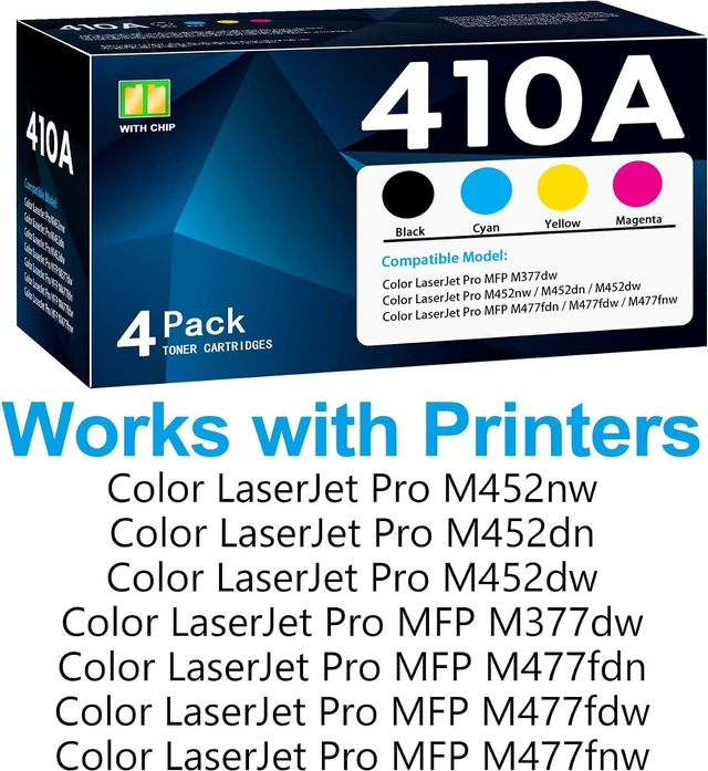 Alt view image 2 of 6 - 410A Toner Cartridge Replacement for HP 410A CF410A CF411A CF412A CF413A Work with Color Laser Jet Pro M452dw M452dn M452nw MFP M477fdw M477fnw M477fdn M377dw Printer (Black Cyan Magenta Yellow)