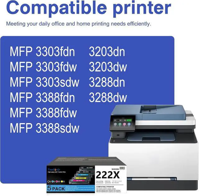 Alt view image 2 of 7 - 222X High Yield Toner Cartridge 5-Pack with Chip, Compatible Replacement for HP 222X W2220X W2221X W2222X W2223X, Work with LaserJet Pro 3288dw 3288dn MFP 3388sdw 3388fdw 3388fdn Printer