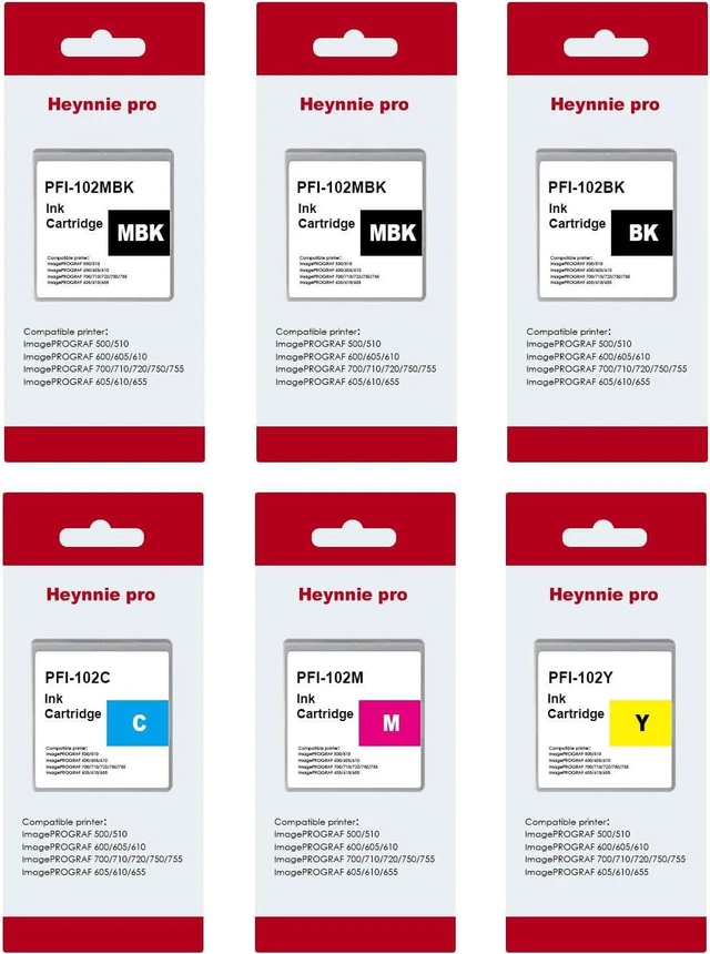 Main image of PFI-102 PFI 102 Ink Cartridge Replacement for Canon PFI-102MBK PFI-102BK PFI-102C PFI-102M PFI-102Y for ImagePrograf IPF500 IPF510 IPF600 IPF605 IPF650 IPF700 IPF765 Printer (6 Pack, 2 MBK BK C M Y)
