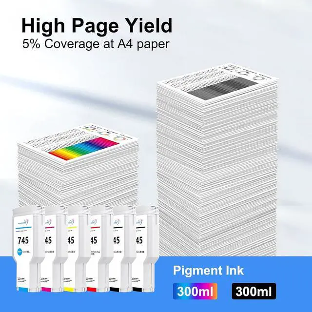 Alt view image 5 of 7 - 745 745XL Ink Cartridge 300ml High Yield 6-Pack with Upgraded Chip, Replacement for HP 745 Ink Compatible with HP DesignJet Z2600 Z5600 Postscript Printer, F9K06A F9K05A F9K04A F9K03A F9K02A F9K01A