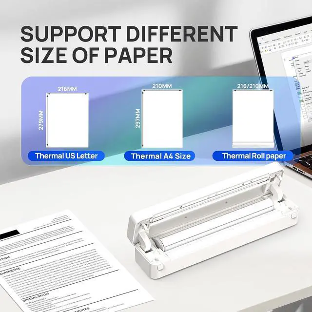 Alt view image 4 of 7 - D830 Portable Printer Wireless for Travel, Supports 8.5 x 11 Inch Thermal Paper, Bluetooth Compatible with iOS, Android, Laptop, Beige