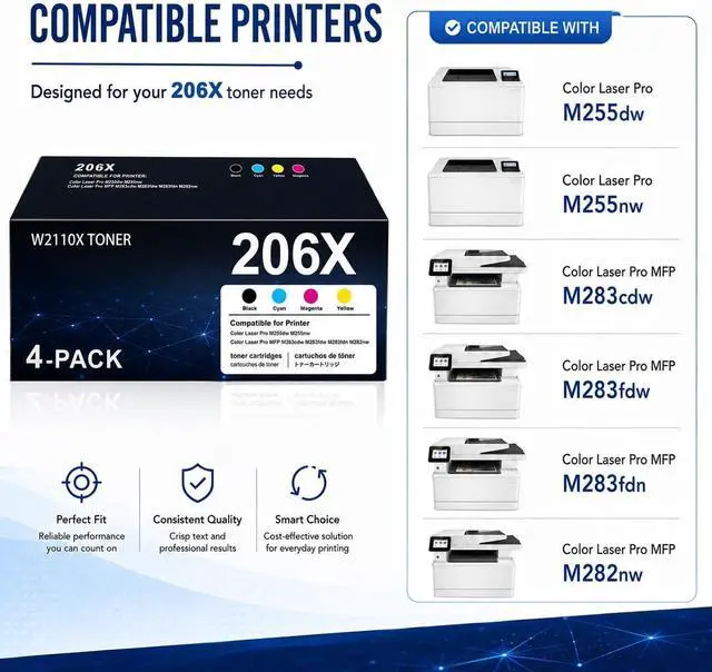 Alt view image 2 of 6 - 206X Toner Cartridge Set Replacement for Hp 206X Yoner Cartridges 4 Pack High Yield Work for Color Laser Pro MFP M283cdw M283fdw M255dw M255nw Series Printer