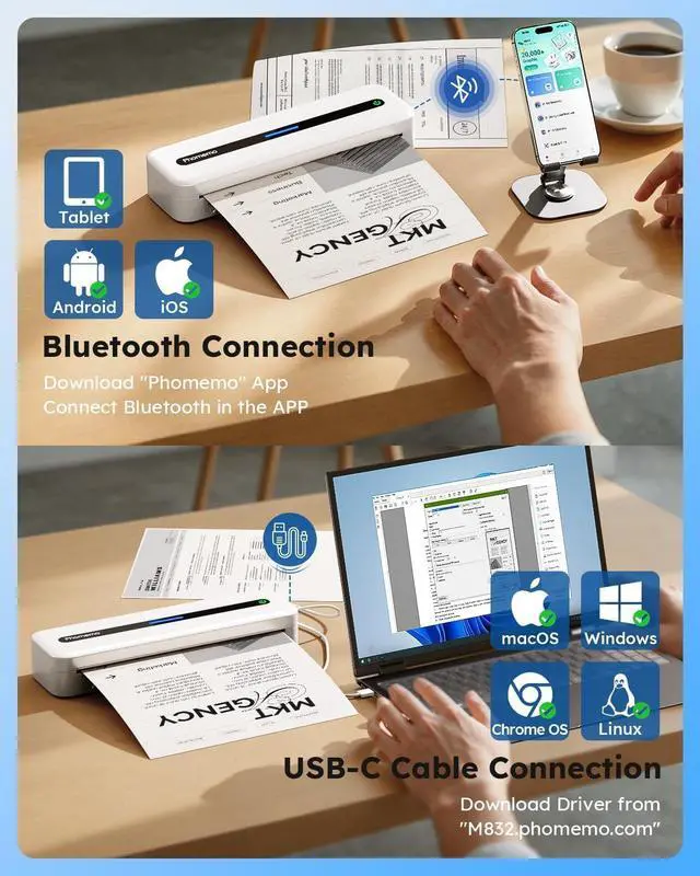 Alt view image 3 of 7 - Phomemo Inkless Portable Printer, Portable Printers Wireless for Travel, M832 Bluetooth Thermal Mobile Printer for Phone Laptop, Support 8.5'' x 11'' & A4 Thermal Paper, for Office Home School