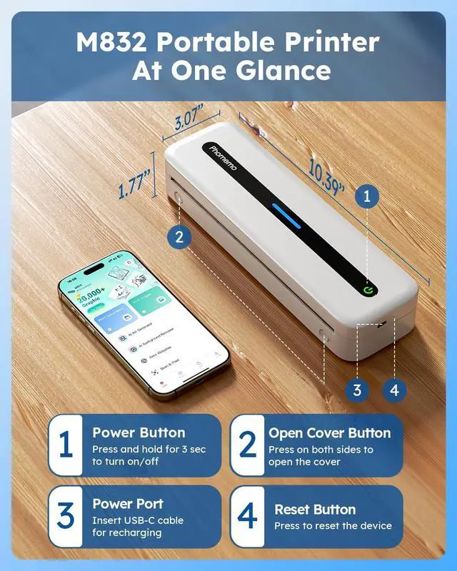 Alt view image 7 of 7 - Phomemo Inkless Portable Printer, Portable Printers Wireless for Travel, M832 Bluetooth Thermal Mobile Printer for Phone Laptop, Support 8.5'' x 11'' & A4 Thermal Paper, for Office Home School