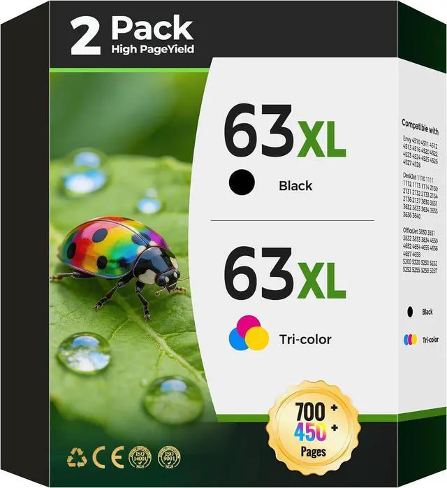 Main image of 63XL 63 XL Ink Cartridge Combo Pack Compatible for HP 63XL 63 XL Ink Cartridge 2-Pack Black and Tri-Color for Desk Jet 1112 2130 3630 Envy 4520 4512 Office Jet 3830 3833 4650 4655 5200 5258 Printers