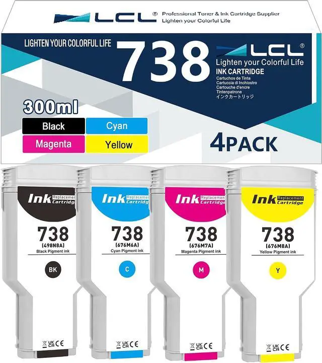Main image of LCL 738 Ink Cartridges (300ml X 4, Black Magenta Cyan Yellow), 738XL Ink Cartridge Replacement for HP 738 Ink Cartridge for DesignJet T850 & T950 Wide Format Printer (498N8A 676M6A 676M7A 676M8A)