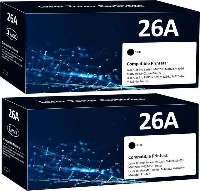 Main image of CF226A 26A Black Toner Cartridges 2 Pack (6,200 Page) Compatible for HP 26A