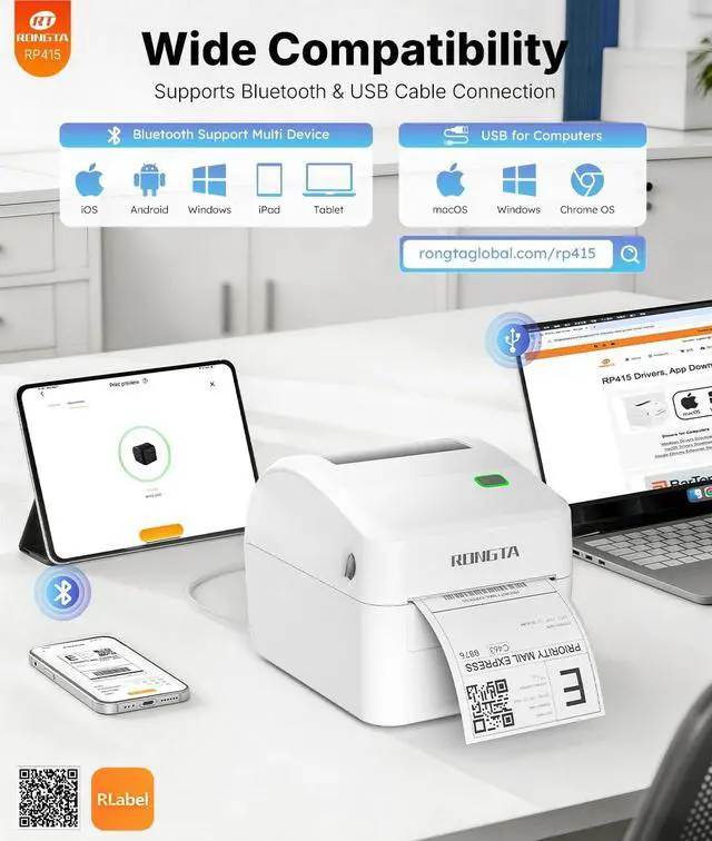 Alt view image 2 of 6 - Rongta Thermal Shipping Label Printer, Wireless 4x6 Bluetooth Label Sticker Printer for Shipping Packages for Small Business,Compatible with Windows macOS Android and iOS